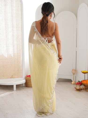 AKHILAM Women's Shimmer Lemon Yellow Chiffon Embellished Saree With Unstitched Blouse Piece (AARYAN21203_KR)