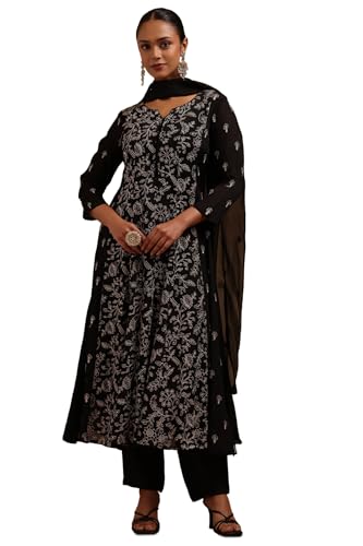 Soch Womens Black Chinon Embroidered Salwar Suit With Sequins