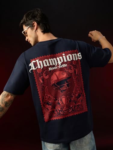The Souled Store Champions Men and Boys Short Sleeves Round Neck Navy Blue Graphic Printed Cricket Graphic Casual Lightweight Drop Shoulder Streetwear Trendy Oversized T-Shirt