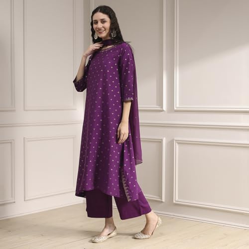 Biba Women Purple Polyseter Blend Straight Printed Kurta Set_32