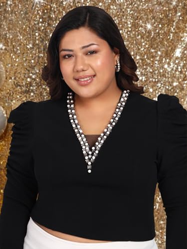 wild U Women Plus Size Crop Top | Hand Embellished | Stretchable | Club Wear | Trendy Stylish | Puff Sleeves (Black, Size : 6XL)