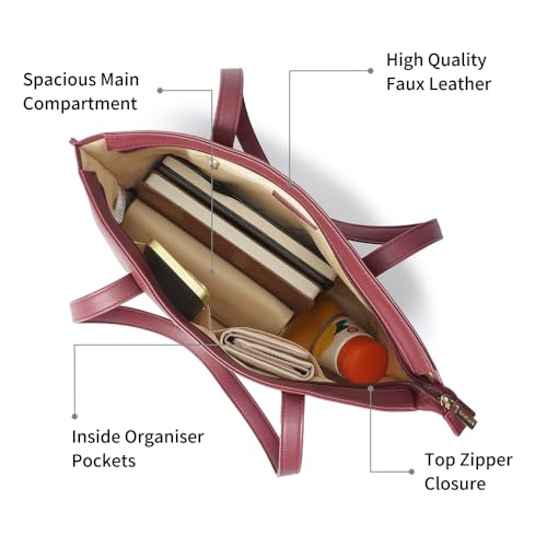Fastrack Carrycore Tote | Cherry Red Faux-Leather Women's Bag | Spacious Tote Bag with Zipper Closure & Utility Pockets For Daily Carry | Eligible For 14" Laptop