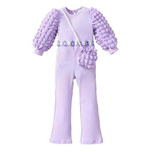 Hopscotch Girls Full Sleeves Purple Floral Applique Jumpsuit For Ages (6-7 Years)