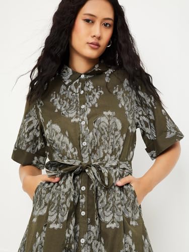 Max Women's Cotton A-Line Below The Knee Dress (EC58005_Olive