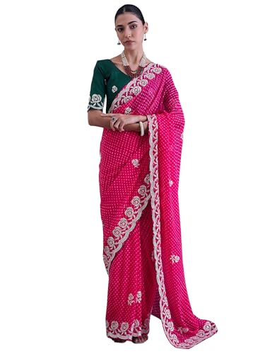 SAREE MALL Women's Pink Georgette Bandhani Printed Saree With Unstitched Blouse (DHNIYA901M7_DC)