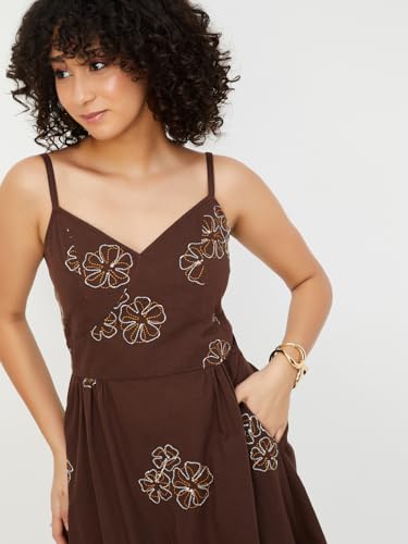 Max Women's Cotton A-Line Midi Casual Dress (EE54001_Dark Brown