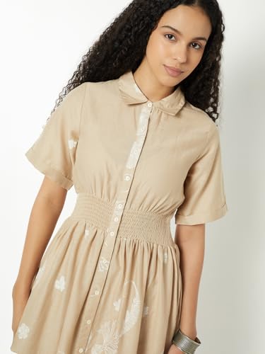 Max Women Printed A-line Shirt Dress (Beige_L)