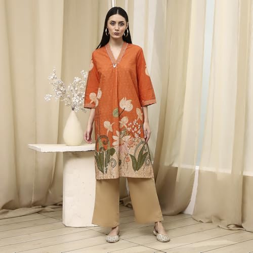 Biba Women Orange Cotton Blend Schiffli Straight Kurta Set_38