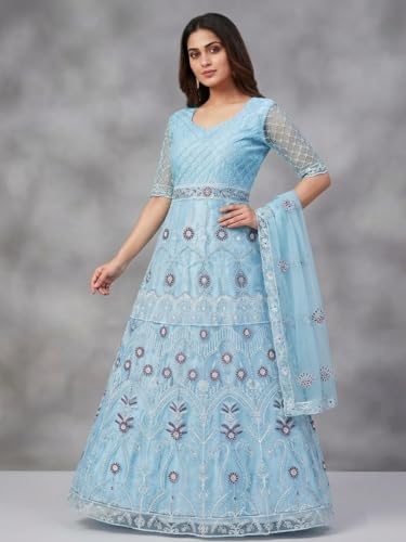 JULEE Women's Net Embroidered Semi-Stitched Gown Kriti Gown Firozi-GEM