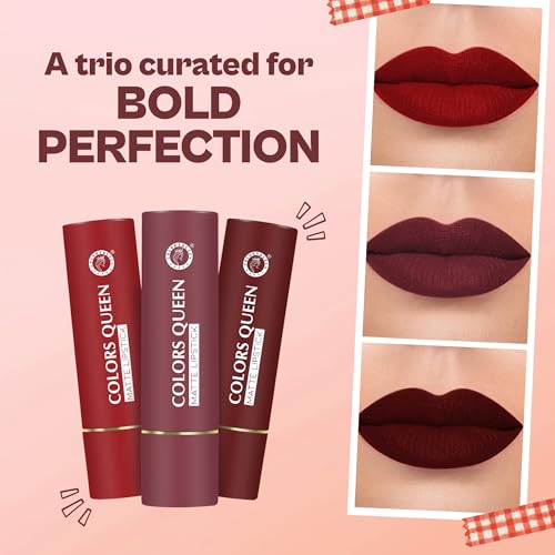 Colors Queen Lippie Pack of 3 Matte Lipsticks for Women Enriched with Jojoba Oil & Vitamin E | Lightweight & Long Lasting | Creamy Smooth Texture, Nourishing Formula | One Swipe Application (Combo - 01, 15g)