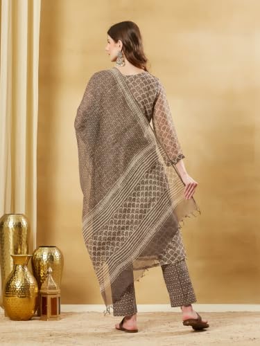 Divena Brown Kota Doria Round Neck Kurta Set with Dupatta