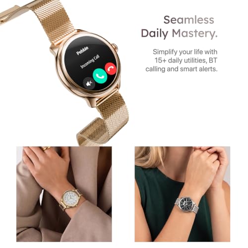 Pebble Opal Newly Launched Smart Watch for Women | Super AMOLED, Classic Design, Glossy Metallic Finish, Stainless Steel Strap, 100+ Watch Faces, Cycle & Sleep Tracking | Imperial Gold
