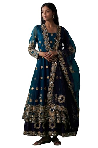 Wishful Women's Blue Embroidered Zardozi Anarkali Kurta with Churidar and Dupatta Set (SP12837-401081-M)