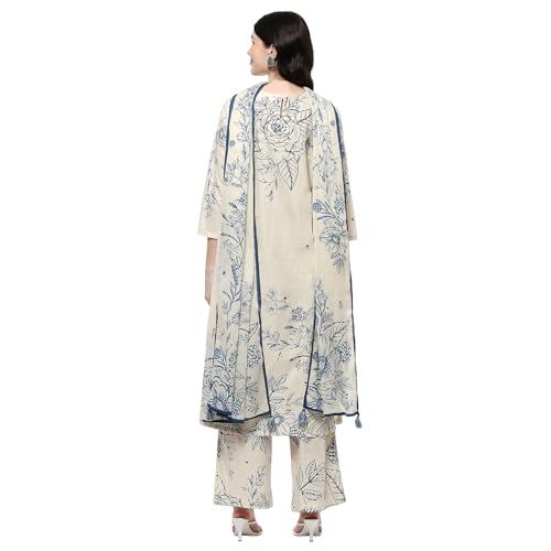 Biba Women Off-White and Blue Cotton Straight Suit Set_44