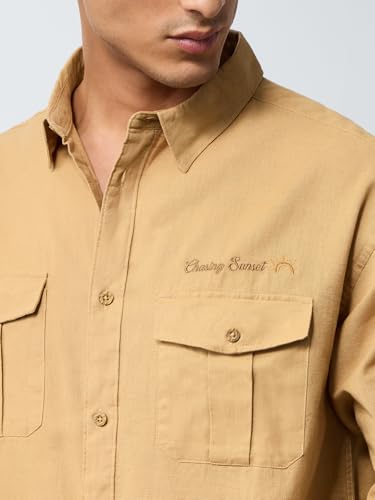 The Souled Store Cotton Linen: Chasing Sunset Men and Boys Long Sleeves Collared Neck Button Front Beige Embroidered Regular Fit Cotton Linen Shirts