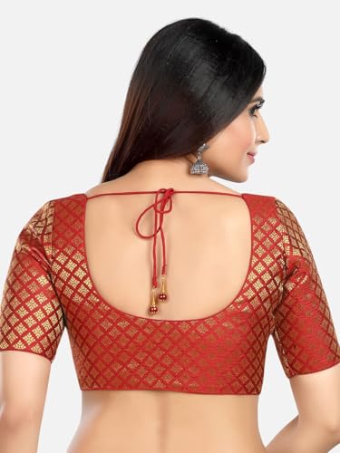 Biyu Women's | Designer Blouse for Sarees | Brocade Woven Design Round Neck Elbow Half Sleeves Readymade Saree (Maroon, 36)