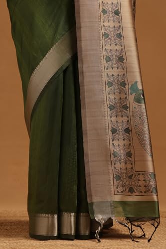 Soch Womens Green Tussar Kalamkari Printed Saree