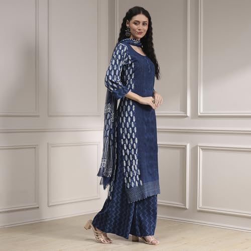 Biba Women Blue Cotton Hand Embroidered Unstitched Suit Set FREE SIZE