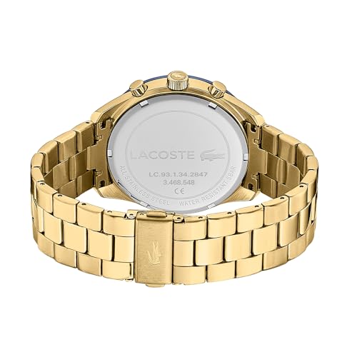 Lacoste Boston Qtz Fashion Chrono Blue Round Dial Men's Watch|Ionic Plated Thin Gold Steel Material|Gold Color Band - 2011096