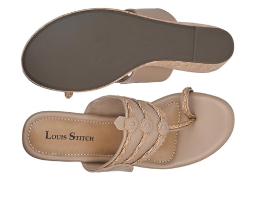 LOUIS STITCH Women's Fashion Wedge Heel Sandals | Toe Ring Style Beige Wedges for Ladies | LSOF-LDWH-TRETBG| (UK-4)