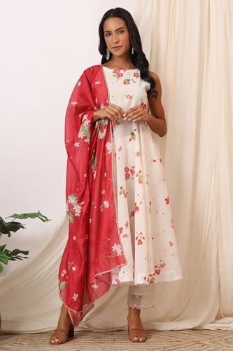 W for Woman White Bold Floral Printed Sleeveless Chanderi Anarkali Kurta with Pants and Red Printed Dupatta Set (Size: XL)-WS12495-125423