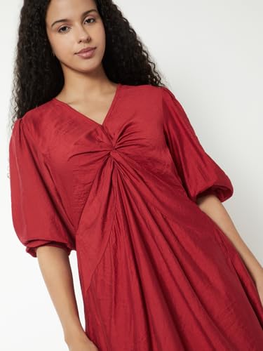 Max Women Solid Twisted A-line Midi Dress(Red_L)