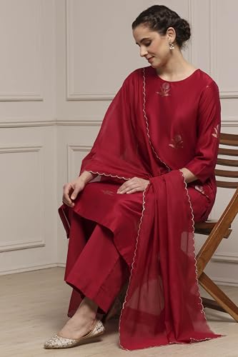 Biba Women Red Chanderi Relaxed Dyed Kurta Pants Set_34