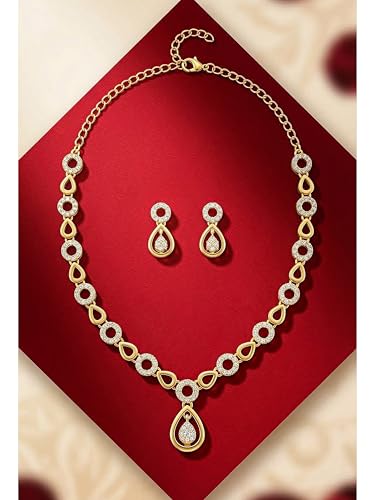 Brado Jewellery Gold Plated Brass Leaf Design American Diamond White Ad Necklace & Earrings Set for Women and Girls | Adjustable Neck Chain Trendy Contemporary Anti Tarnish Western Choker | Party, Wedding and Anniversary (White)