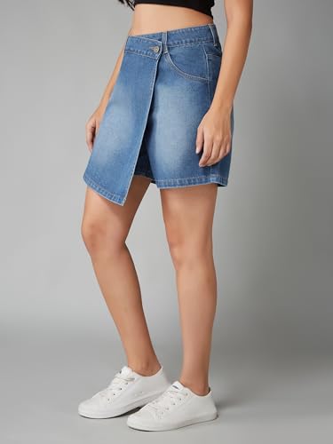 Dolce Crudo Women's Regular High Rise Clean Look Regular Denim Skorts (DOSS24DEN69-53-31-28, Cobalt Blue, 28)