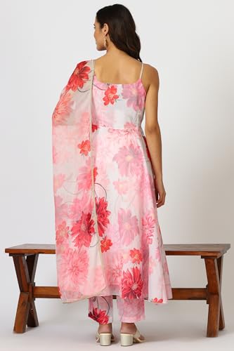 W for Woman White Digital Floral Printed Sleeveless Flared Kurta, Pants and Dupatta Set (Size: L)-24AUWS12583-123704