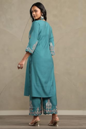 Soch Womens Turquoise Blue Chanderi Ethnic Motifs Zari Embroidered Kurta Set With Sequins