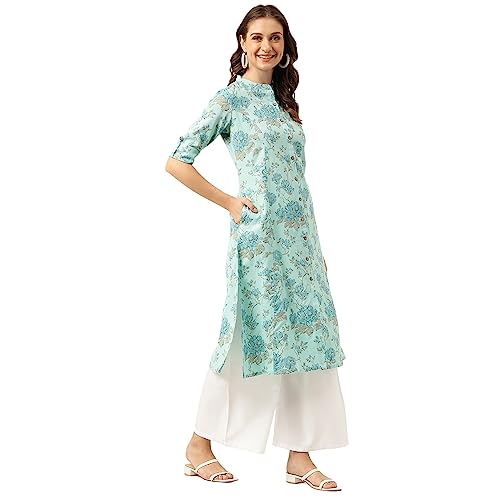 Divena Sea Green Floral Printed Cotton A-Line Kurta