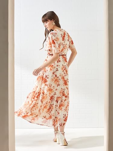 Latin Quarters Women's Rust Short Sleeves V-Neck Printed Casual Maxi Dress_XL