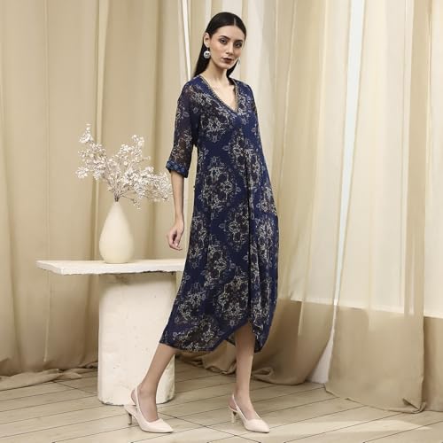 Biba Women's Georgette A-Line Knee-Length Casual Dress (VINWIN30557AW25BLU_Blue