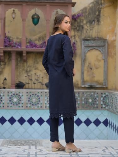 Divena Navy Blue Cotton Straight Fit Lace Border Kurta with Trouser