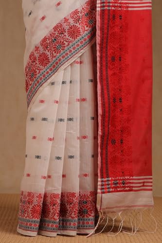 Soch Womens White Cotton Woven Design Saree