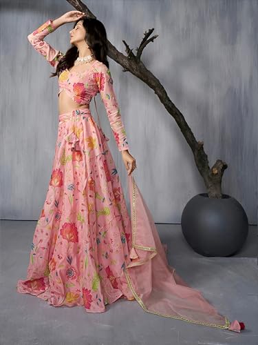 Zeel Clothing Women's Print and Dori Embroidered Organza Designer Lehenga Choli with Dupatta (7074-Pink-Womens-Lehenga-Choli-Latest; Free Size) (Pink)