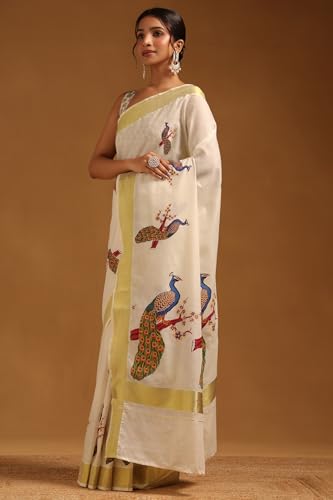 Soch Womens Cream Cotton Bird Motifs Kasavu Saree