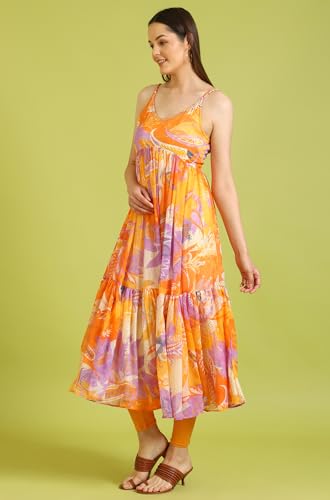 W for Woman Orange Abstract Printed Tiered Spaghetti Kurta and Leggings Set with Dupatta (Size: XL)-WS11527-123741