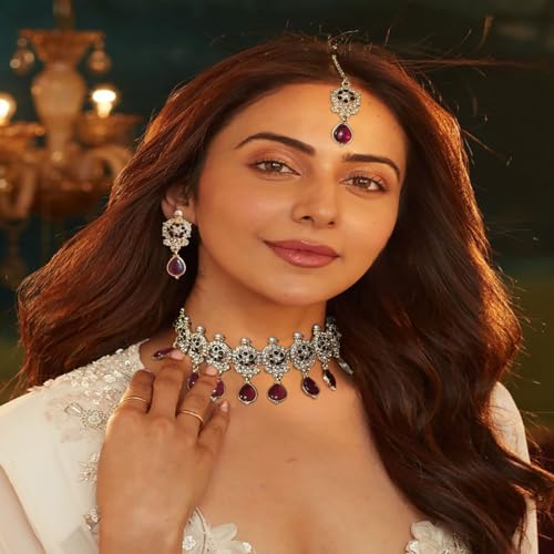 ACCESSHER Stunning Gold Plated Pink Choker Set with Earrings and Maang Tikka with a Pair of Transparent Earring & Maangtikka Supporter Patch | For Women & Girls