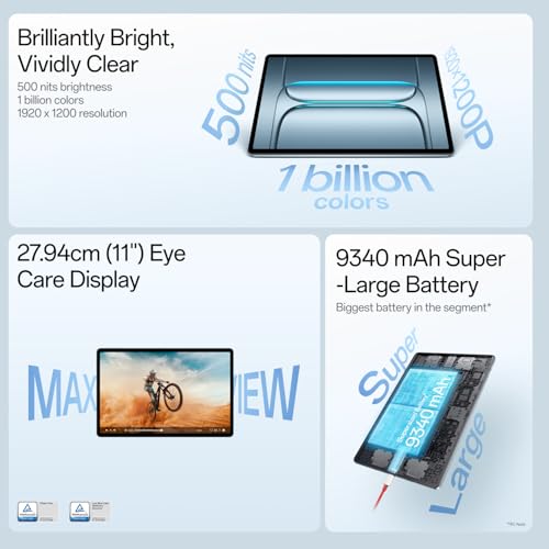 OnePlus Pad Lite with Biggest Battery in Segment 9340 mAh, 11"(27.94 cm) Display with 500 nits Brightness & 11 Hrs of Video Playback, 8GB RAM 128GB Storage, LTE, Aero Blue