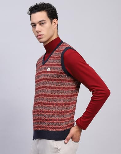 Monte Carlo Mens Striped Maroon V Neck Sleeveless Sweater (1239219SL-1-46)