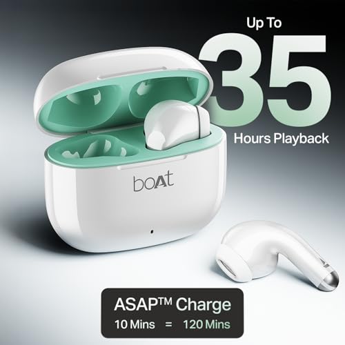 boAt Airdopes 101v2, 35H Battery, ENx Tech, 13mm Drivers, ASAP Charge, Flex-Fit Ear Tips,Stream Ad Free Music via App Support, Bluetooth Earbuds, TWS Ear Buds Wireless Earphones with mic (Smoke White)