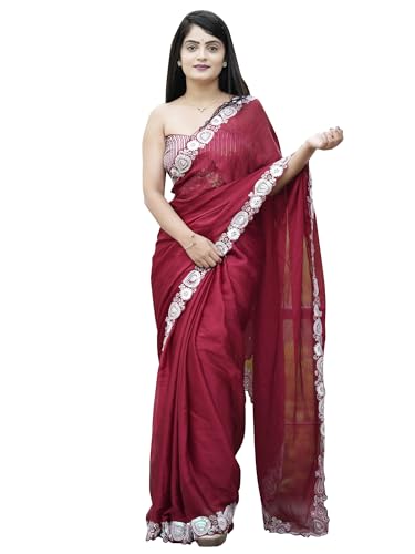 SAREE MALL Women's Maroon Satin Solid Saree With Unstitched Blouse (KESARI11601_KR)