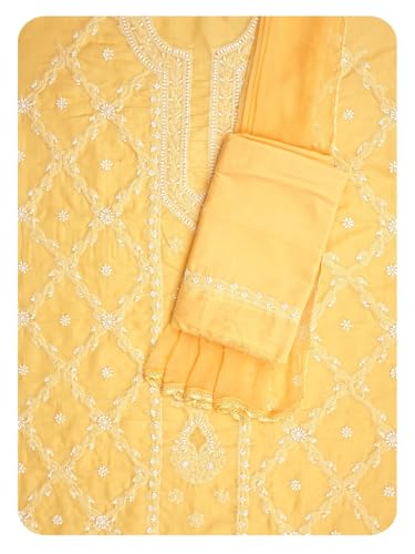Ada Hand Embroidered Lucknowi Chikankari Unstitched Cotton Dress Material Suit Piece with Dupatta for Women 01A869337 Yellow