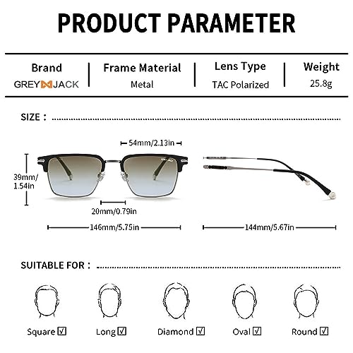 grey jack Half Frame Sunglasses,Stylish Square Shape Polarized Shades for Men Women 2040 Black Silver/Light Brown
