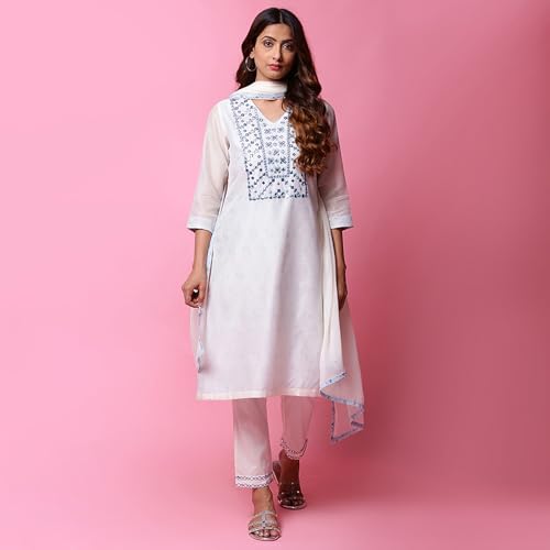 Biba Women Off White Cotton Blend Straight Kurta Pants Suit Set_44