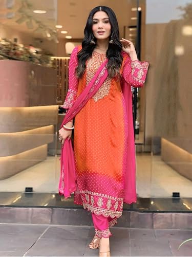 TRENDMALLS Women's Chiffon Embroidery Bandhani Print Salwar Suit Set Kurta Pant with Dupatta (G289-Orange-3XL-)