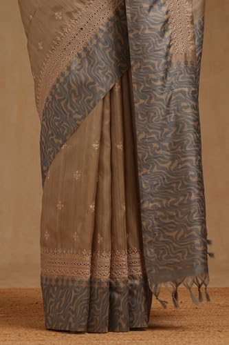Soch Womens Blue Tussar Embroidered Saree