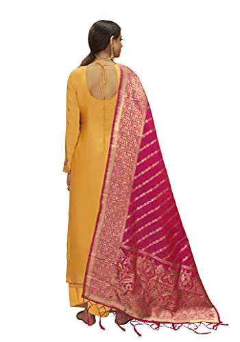 VUBA Women's Satin Embroidered Suit Semi Stitched Top with Unstitched Bottom and Pure Banarasi Dupatta Dress Material(Pakistani Salwar Suit),Yellow, Knee-Length, Casual Dress